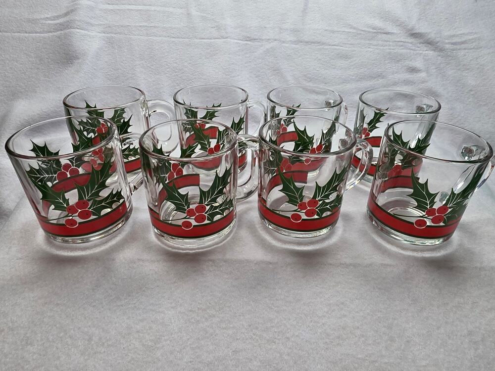 Vintage Libbey Christmas Holly and Berries Clear Glass Mugs Red Ribbon Set of 8